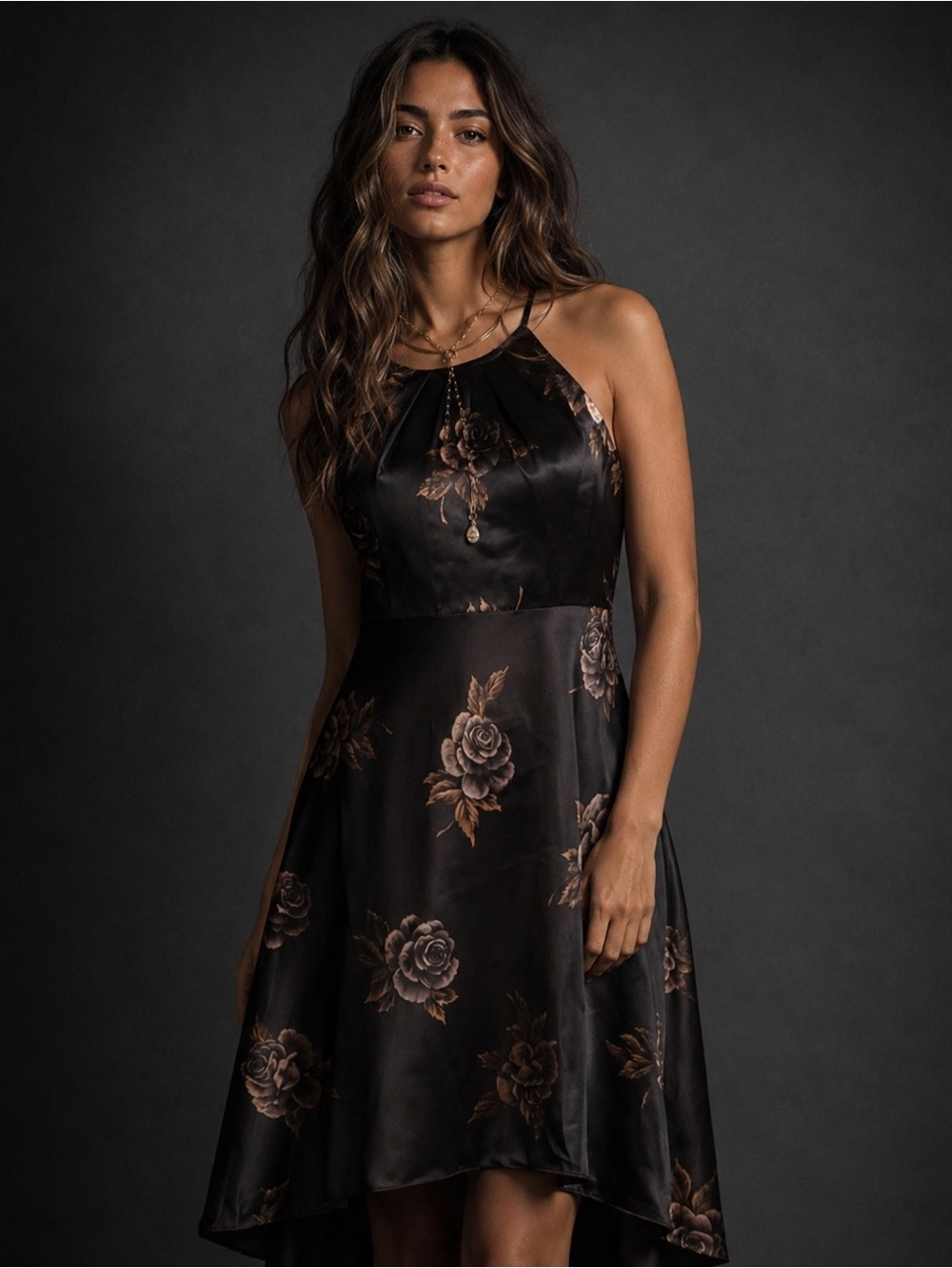 Nine West Floral Black Satin Floral Dress